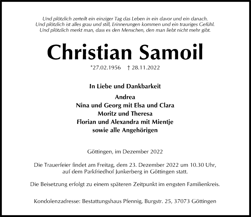  Traueranzeige für Christian Samoil vom 17.12.2022 aus Göttinger Tageblatt