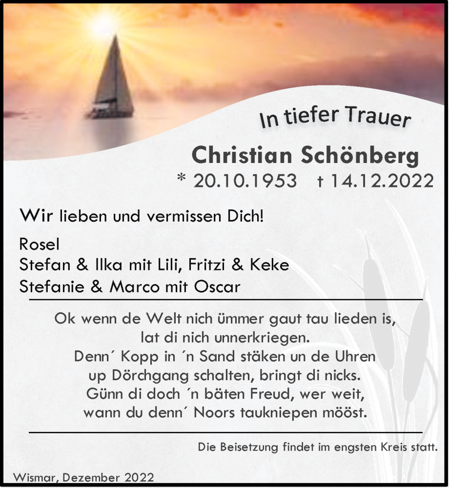  Traueranzeige für Christian Schönberg vom 24.12.2022 aus Ostsee-Zeitung GmbH