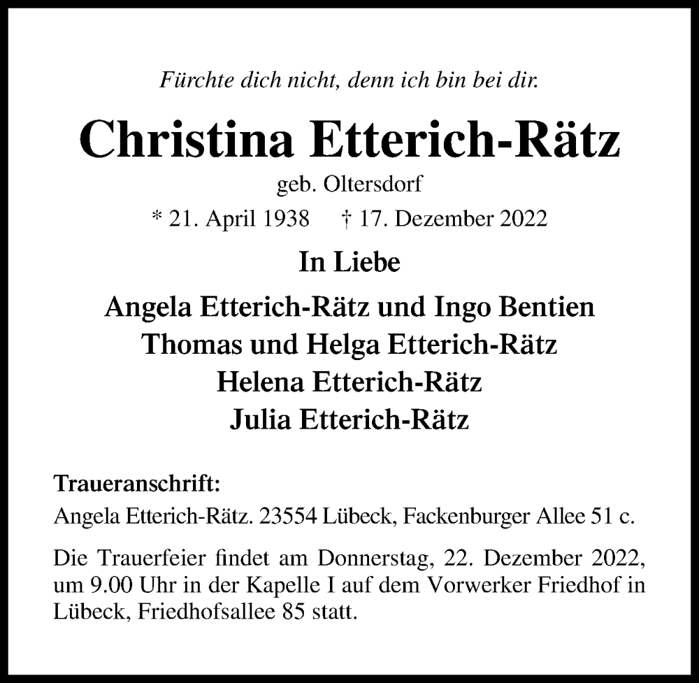  Traueranzeige für Christina Etterich-Rätz vom 21.12.2022 aus Lübecker Nachrichten