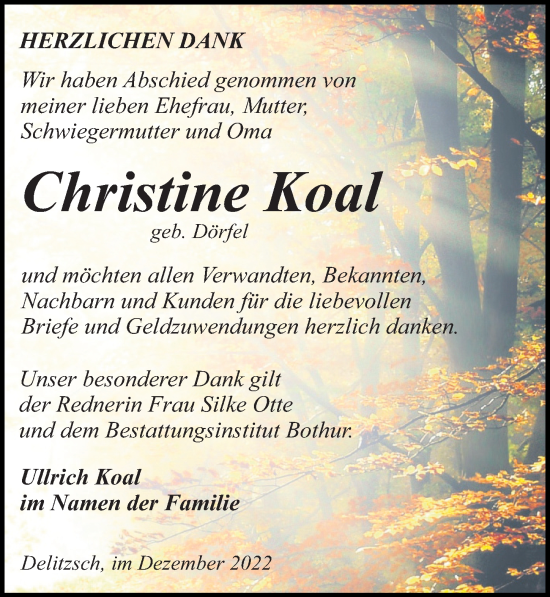 Traueranzeige von Christine Koal von Leipziger Volkszeitung