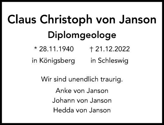 Traueranzeige von Claus Christoph von Janson von Hannoversche Allgemeine Zeitung/Neue Presse