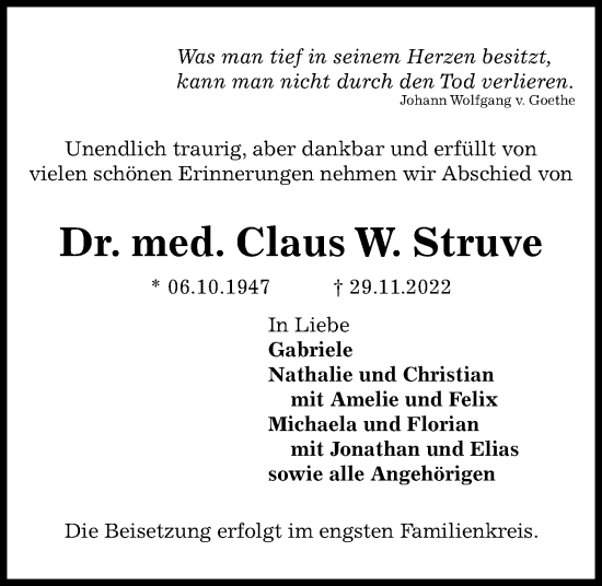Traueranzeige von Claus W. Struve von Kieler Nachrichten