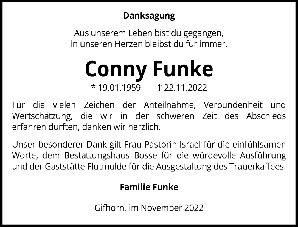 Traueranzeige für Conny Funke vom 24.12.2022 aus Aller Zeitung