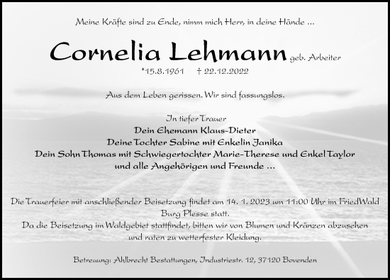 Traueranzeige von Cornelia Lehmann von Göttinger Tageblatt