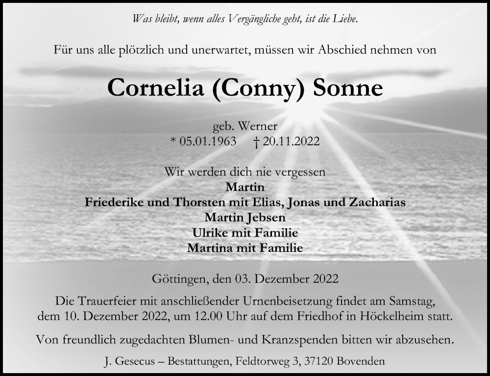  Traueranzeige für Cornelia  Sonne vom 03.12.2022 aus Göttinger Tageblatt