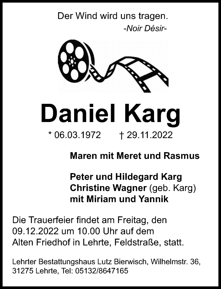  Traueranzeige für Daniel Karg vom 03.12.2022 aus Hannoversche Allgemeine Zeitung/Neue Presse
