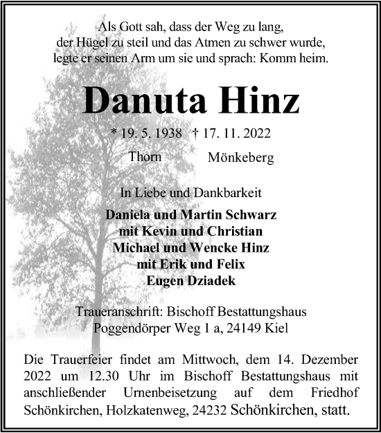 Traueranzeige von Danuta Hinz von Kieler Nachrichten
