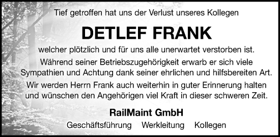 Traueranzeige von Detlef Frank von Leipziger Volkszeitung