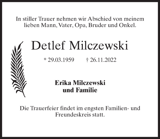 Traueranzeige von Detlef Milczewski von Märkischen Allgemeine Zeitung