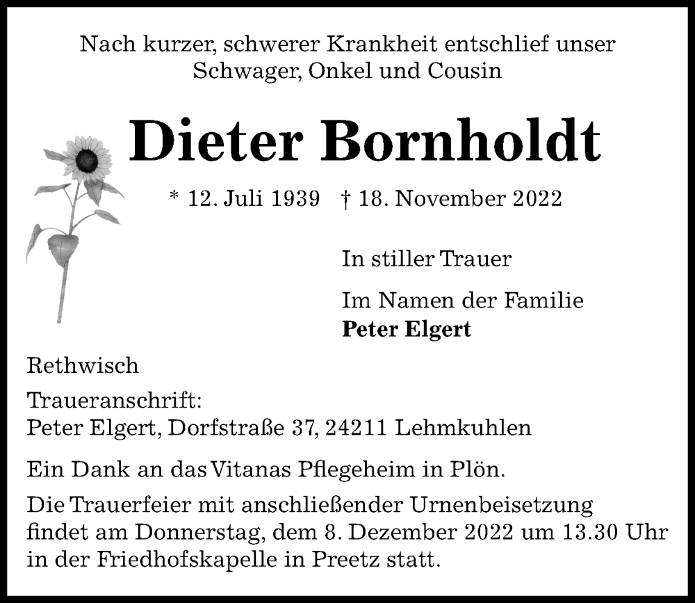  Traueranzeige für Dieter Bornholdt vom 03.12.2022 aus Kieler Nachrichten