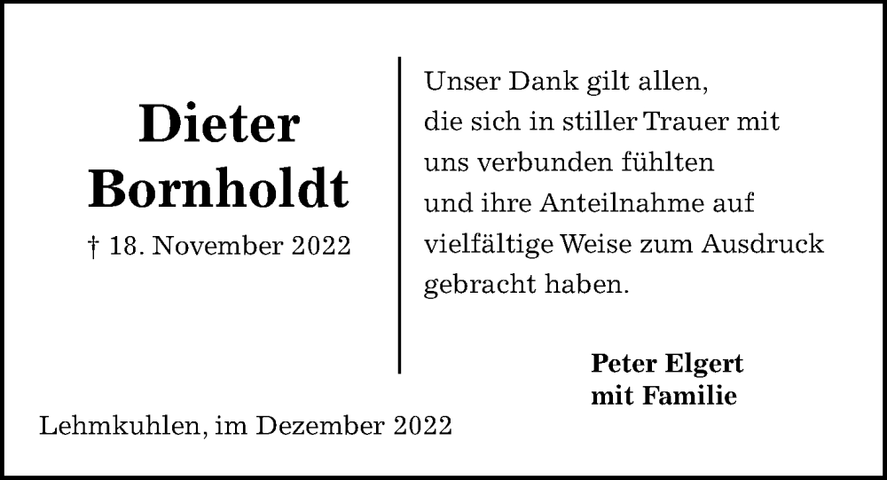  Traueranzeige für Dieter Bornholdt vom 17.12.2022 aus Kieler Nachrichten