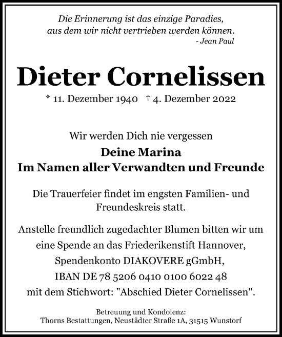 Traueranzeige von Dieter Cornelissen von Hannoversche Allgemeine Zeitung/Neue Presse