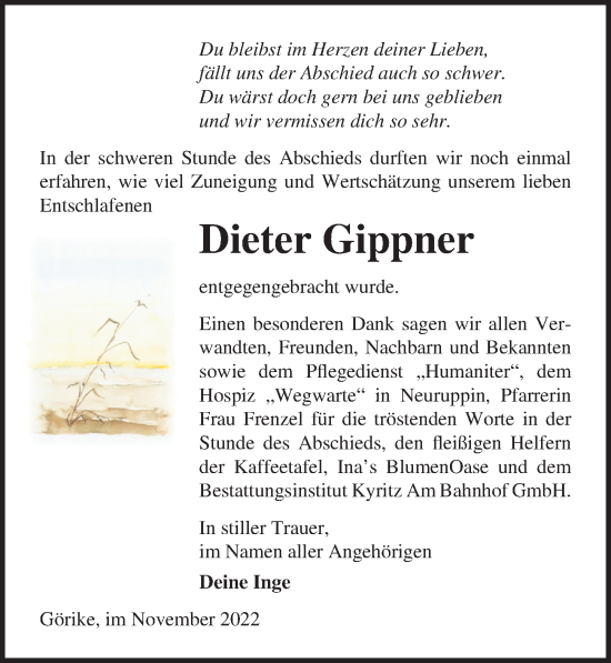 Traueranzeige von Dieter Gippner von Märkischen Allgemeine Zeitung