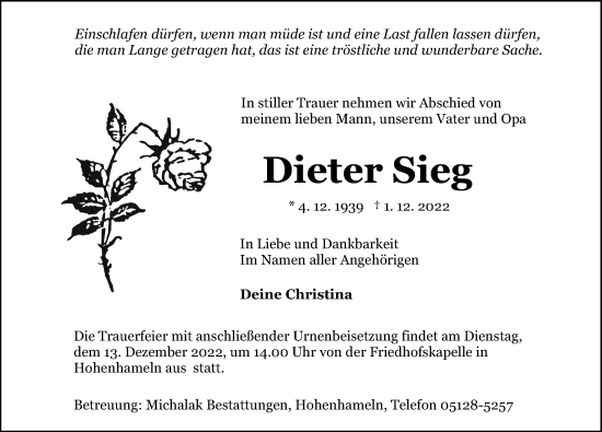 Traueranzeige von Dieter Sieg von Peiner Allgemeine Zeitung