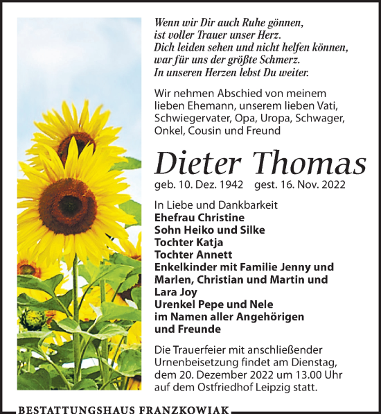 Traueranzeige von Dieter Thomas von Leipziger Volkszeitung