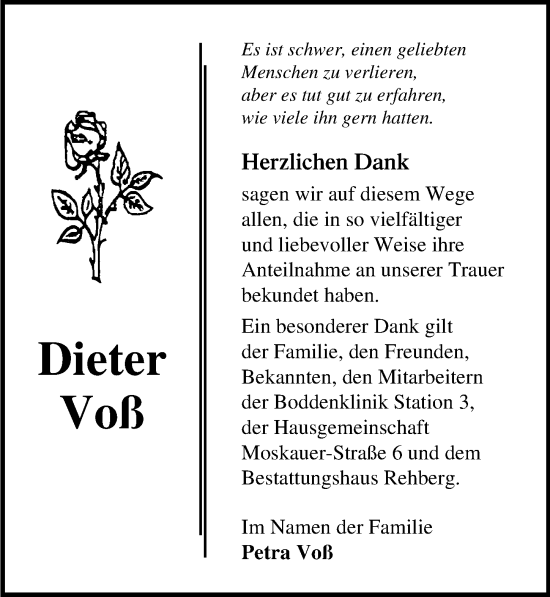 Traueranzeige von Dieter Voß von Ostsee-Zeitung GmbH