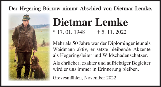 Traueranzeige von Dietmar Lemke von Ostsee-Zeitung GmbH