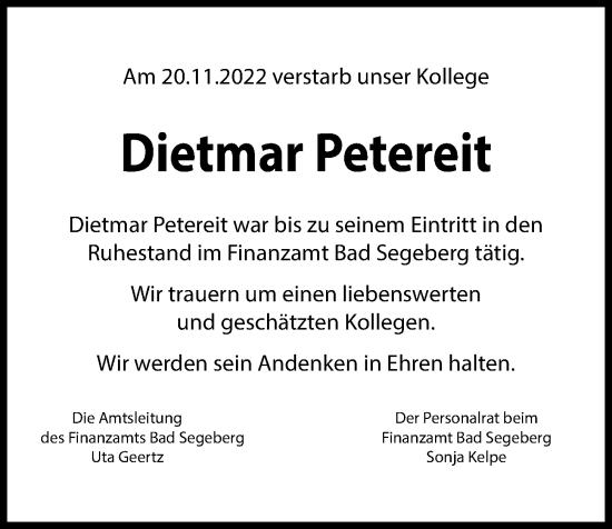 Traueranzeige von Dietmar Petereit von Kieler Nachrichten