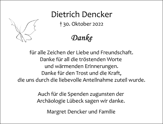 Traueranzeige von Dietrich Dencker von Lübecker Nachrichten