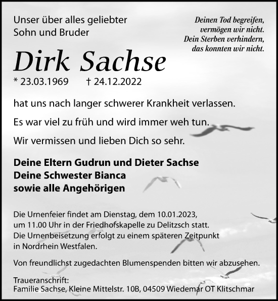 Traueranzeige von Dirk Sachse von Leipziger Volkszeitung