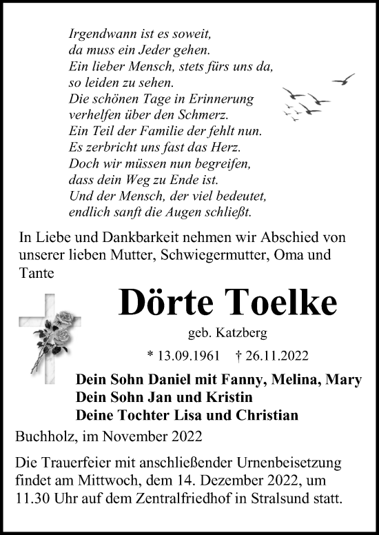 Traueranzeige von Dörte Toelke von Ostsee-Zeitung GmbH