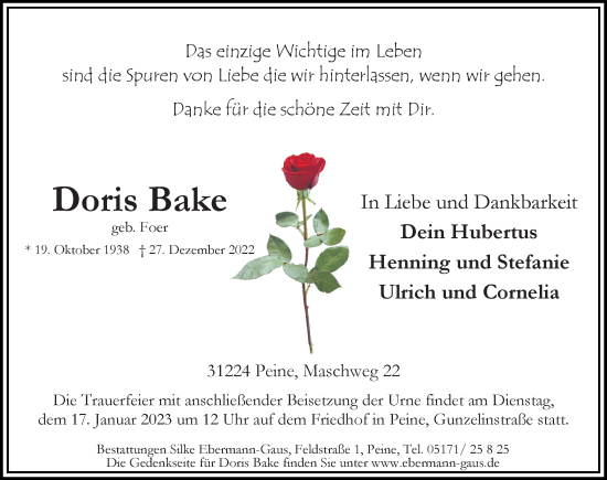 Traueranzeigen Von Doris Bake | Trauer-anzeigen.de