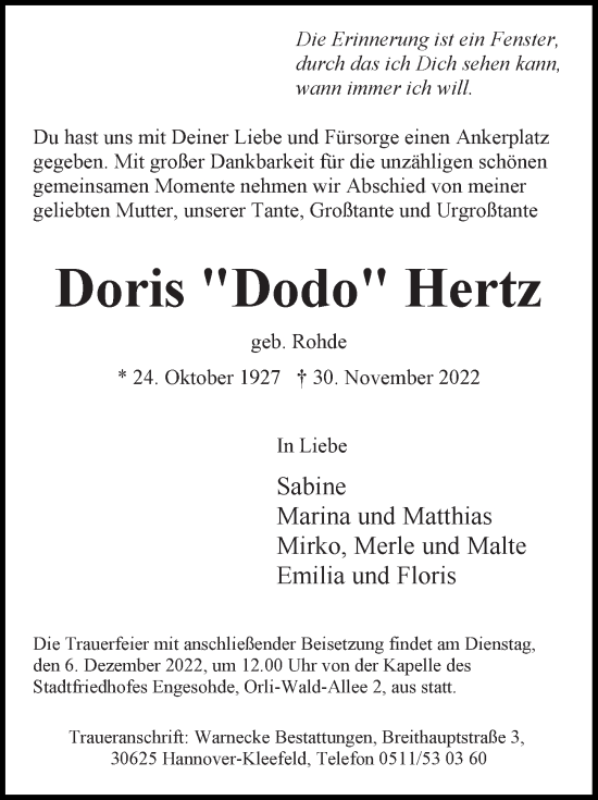 Traueranzeige von Doris  Hertz von Hannoversche Allgemeine Zeitung/Neue Presse