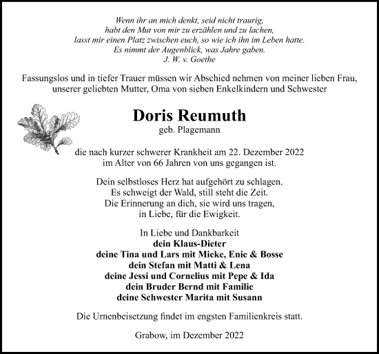 Traueranzeige von Doris Reumuth von Märkischen Allgemeine Zeitung