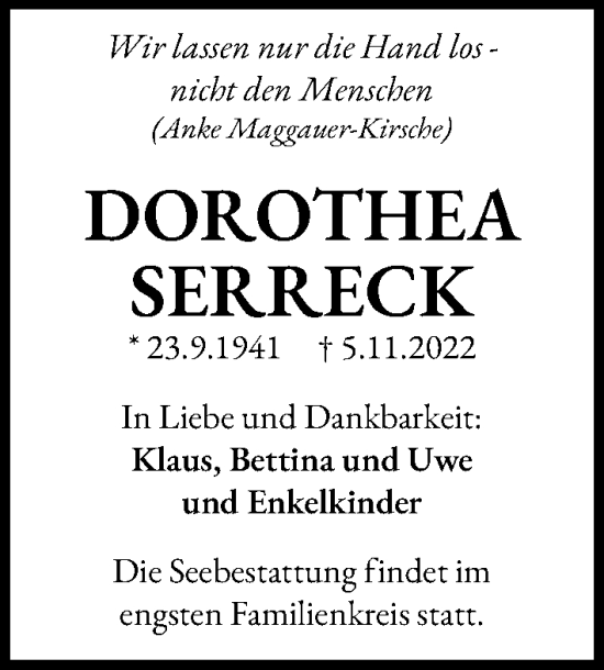 Traueranzeige von Dorothea Serreck von Hannoversche Allgemeine Zeitung/Neue Presse