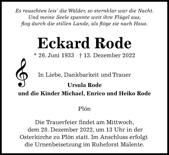 Traueranzeige von Eckard Rode von Kieler Nachrichten