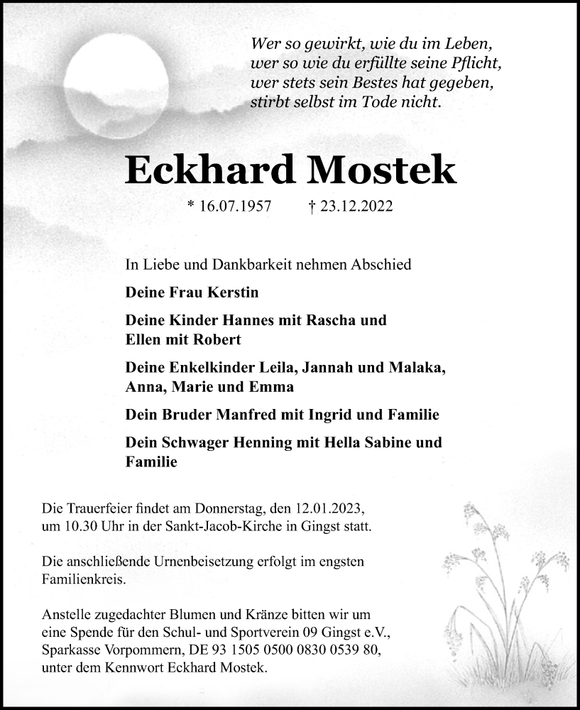  Traueranzeige für Eckhard Mostek vom 31.12.2022 aus Ostsee-Zeitung GmbH