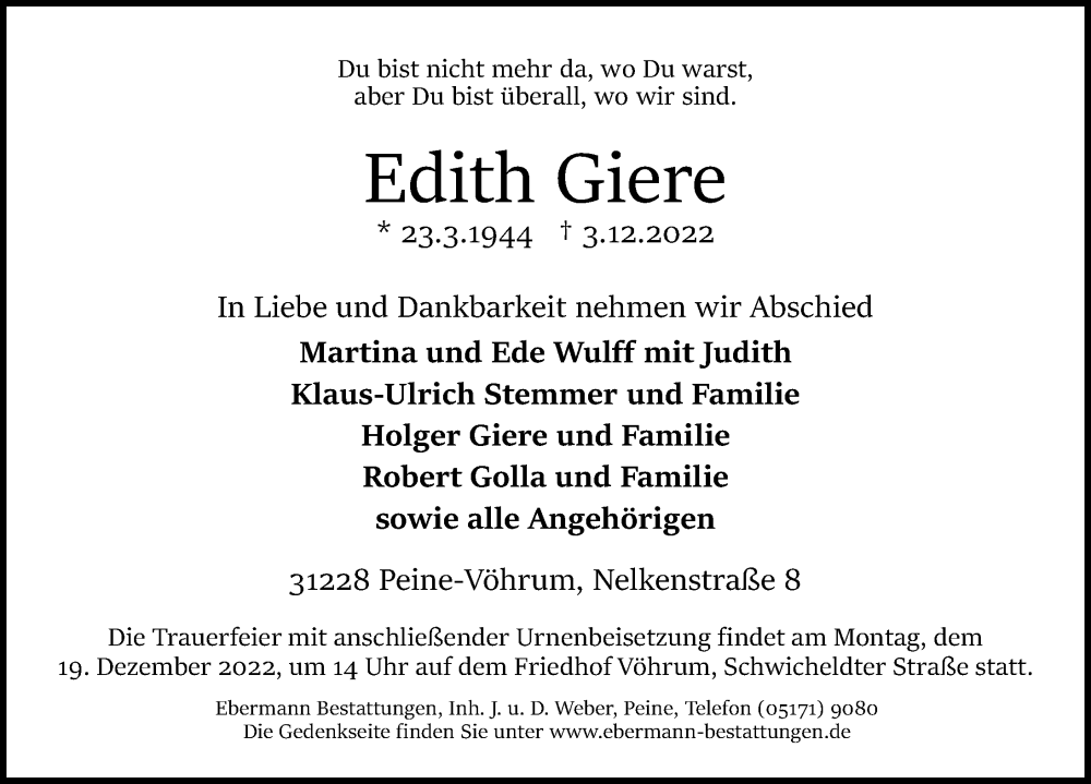  Traueranzeige für Edith Giere vom 10.12.2022 aus Peiner Allgemeine Zeitung