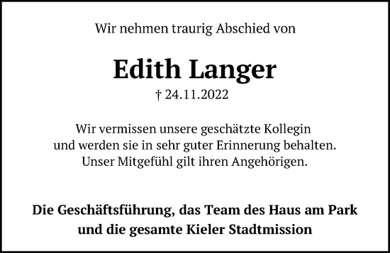 Traueranzeige von Edith Langer von Kieler Nachrichten