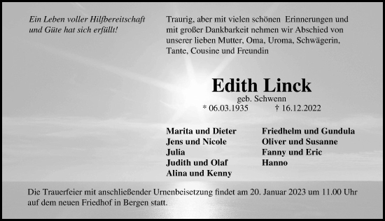 Traueranzeige von Edith Linck von Ostsee-Zeitung GmbH