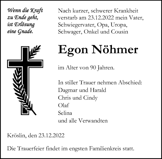 Traueranzeige von Egon Nöhmer von Ostsee-Zeitung GmbH