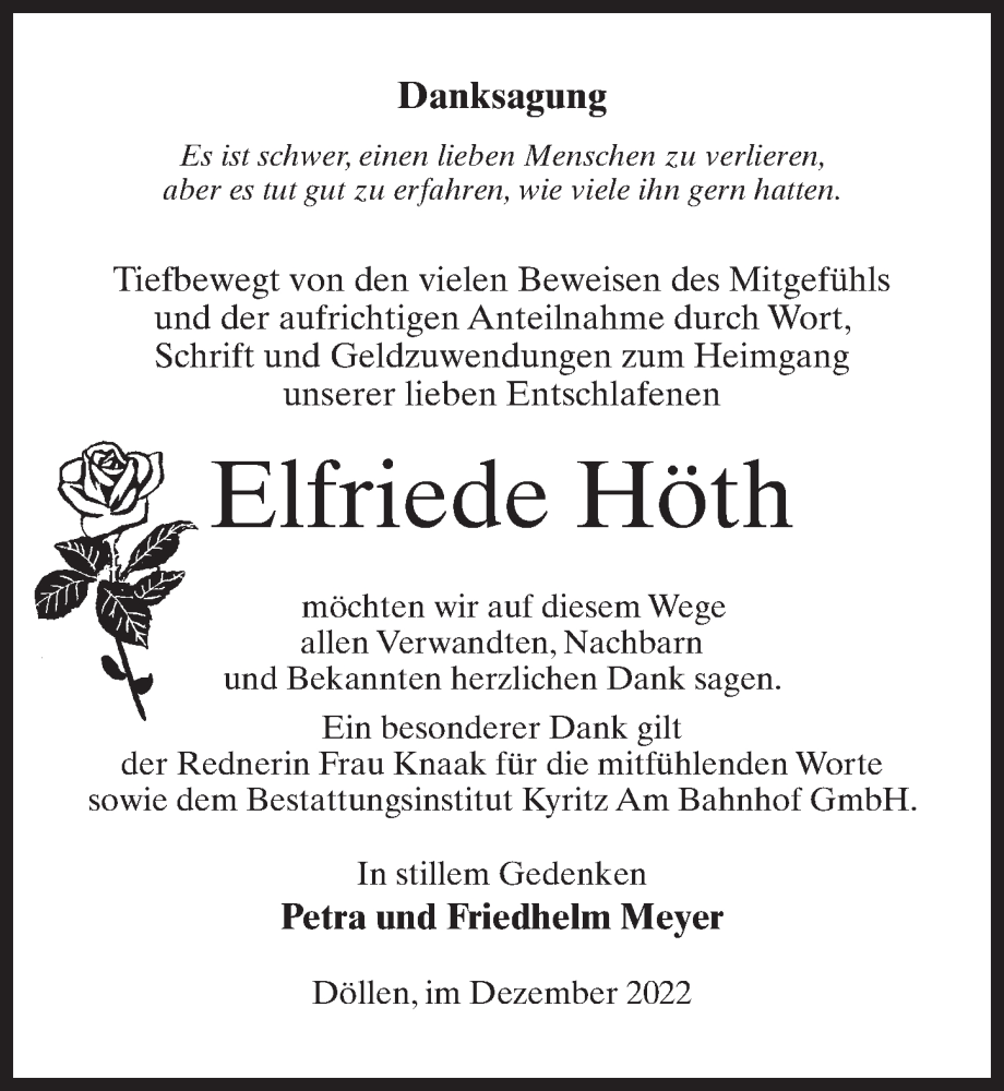  Traueranzeige für Elfriede Höth vom 24.12.2022 aus Märkischen Allgemeine Zeitung