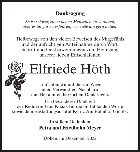 Traueranzeige von Elfriede Höth von Märkischen Allgemeine Zeitung