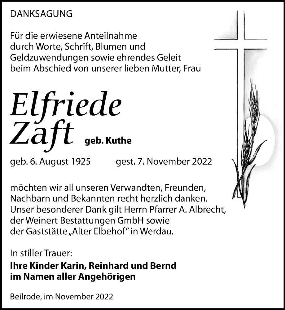  Traueranzeige für Elfriede Zaft vom 03.12.2022 aus Torgauer Zeitung