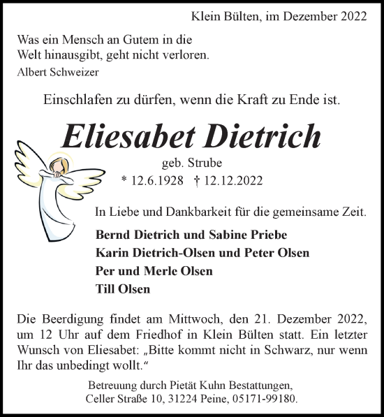 Traueranzeige von Eliesabet Dietrich von Peiner Allgemeine Zeitung