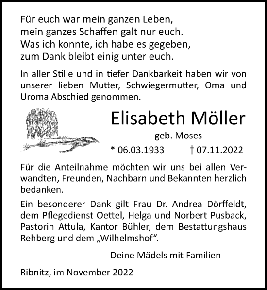 Traueranzeige von Elisabeth Möller von Ostsee-Zeitung GmbH