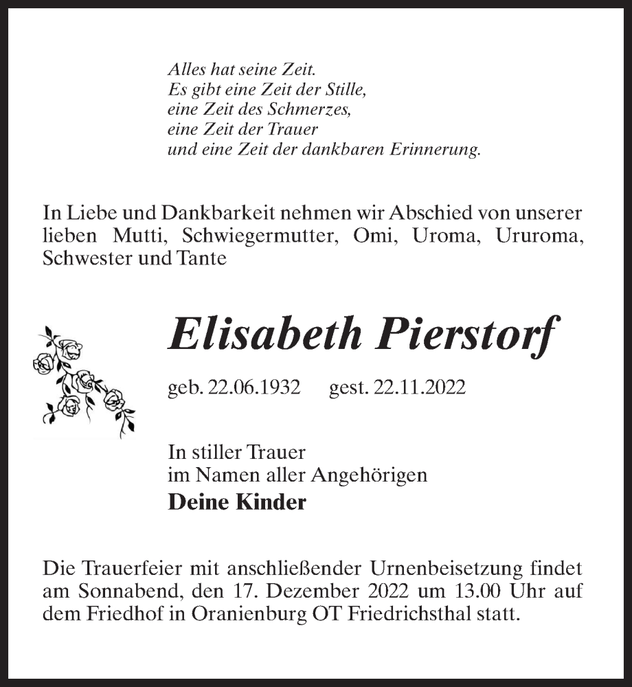  Traueranzeige für Elisabeth Pierstorf vom 10.12.2022 aus Märkischen Allgemeine Zeitung