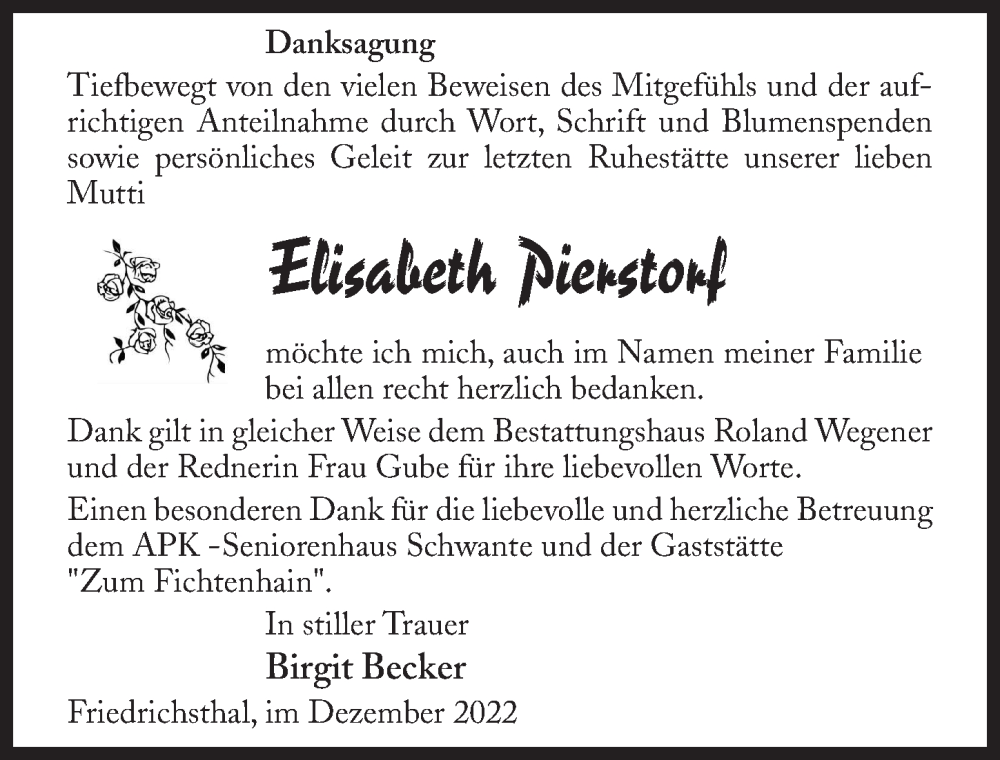 Traueranzeige für Elisabeth Pierstorf vom 23.12.2022 aus Märkischen Allgemeine Zeitung