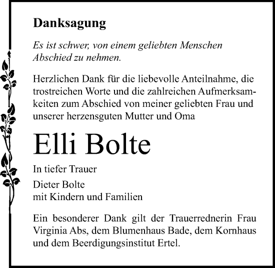 Traueranzeige von Elli Bolte von Ostsee-Zeitung GmbH