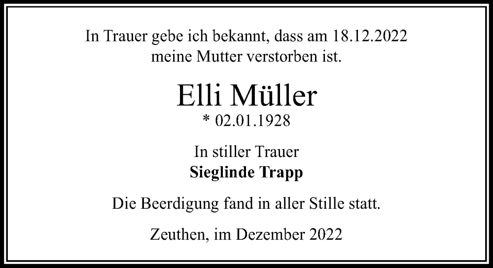  Traueranzeige für Elli Müller vom 24.12.2022 aus Märkischen Allgemeine Zeitung