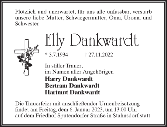 Traueranzeige von Elly Dankwardt von Märkischen Allgemeine Zeitung