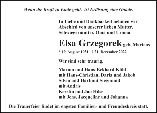 Traueranzeige von Elsa Grzegorek von Ostsee-Zeitung GmbH