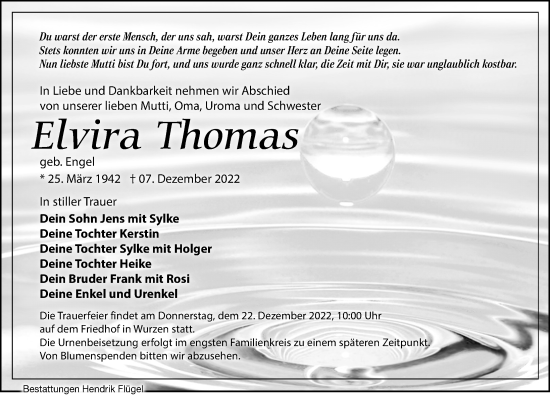Traueranzeige von Elvira Thomas von Leipziger Volkszeitung