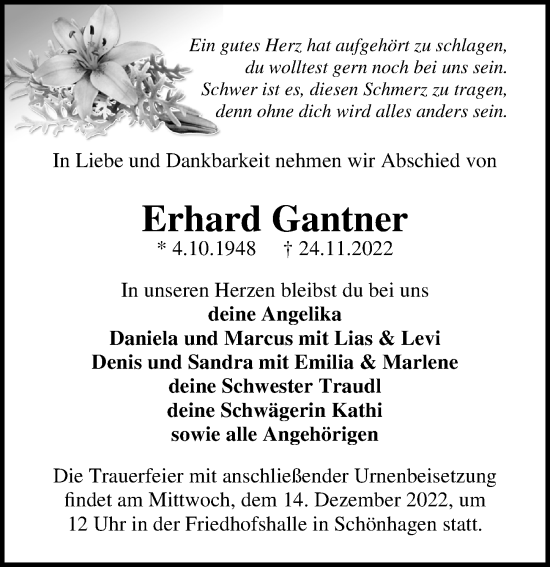 Traueranzeige von Erhard Gantner von Märkischen Allgemeine Zeitung