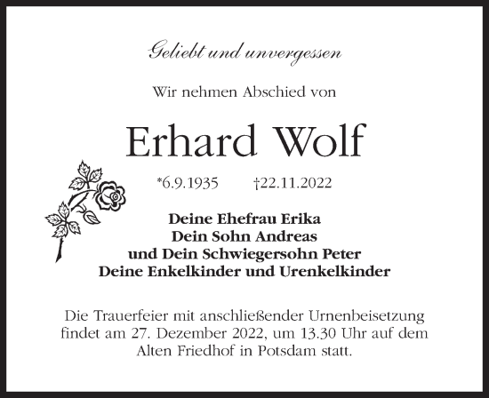 Traueranzeige von Erhard Wolf von Märkischen Allgemeine Zeitung