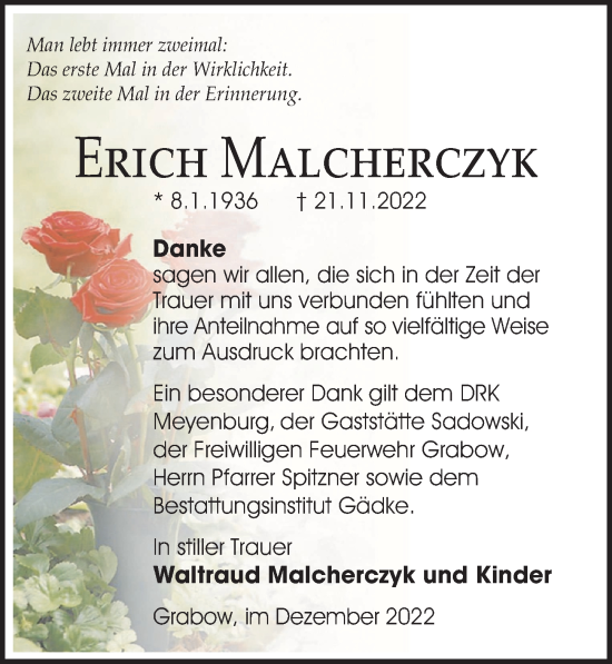 Traueranzeige von Erich Malcherczyk von Märkischen Allgemeine Zeitung